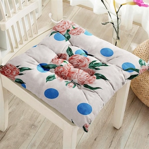 Rose Designed Outdoor Chair Cushions With Ties, Fluffy Chair Cushions, Pink Rose Puffy Cushion, Flowered Chair Pads, Cozy Home Decor