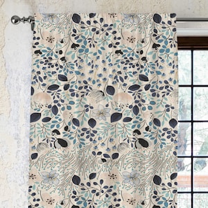 Linen Vintage Floral Curtain, Natural Cotton Botanical Drapes, Farmhouse Window Panel, Rustic Floral Curtain for Living Room