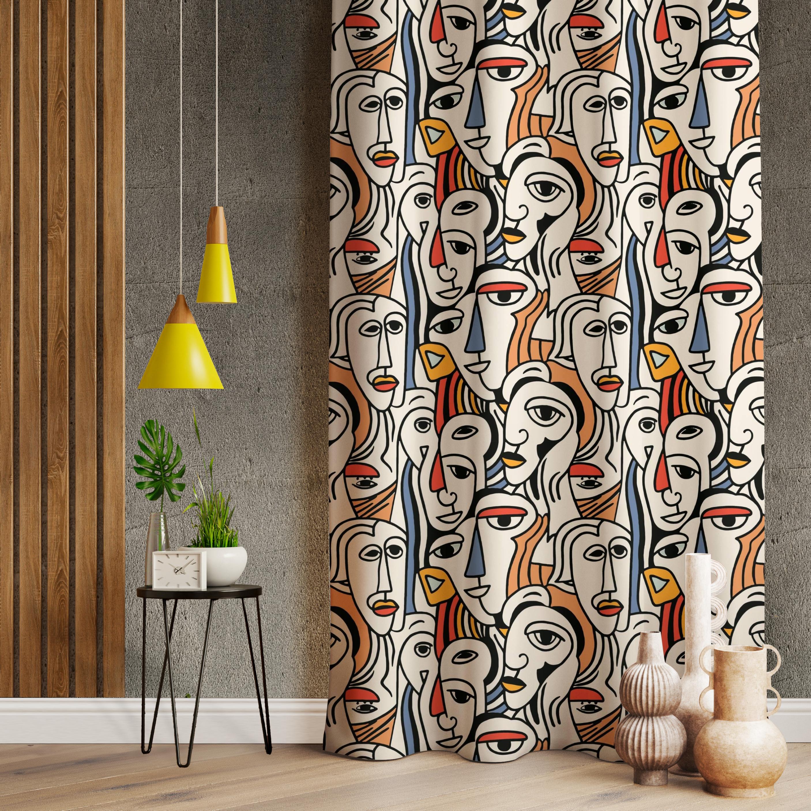 Picasso Art Decor, Abstract Face Art Curtains, Face Patterned Decorative Curtains Living Room, Modern Style Curtain, Face Designed Drapery