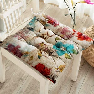 Vintage Style Outdoor Cushions, Fluffy Chair Cushions With Ties, Floral Puffy Cushion, Flowered Chair Pads, Indoor Seat Pad