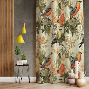 Bird And Flowers Patterned Home Curtains, Spring Themed Living Room Curtains, Colorful Curtains With Eyelets, Vibrant Curtain Panel