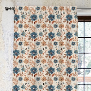 Linen Curtain Panels, Cotton Drapes, Blue Floral Window Curtain, Rustic Farmhouse Drapes, Light Filtering Curtains