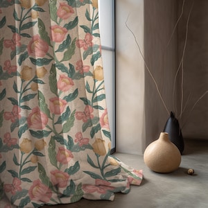 Linen Cotton Floral Curtain Panels, Botanical Print Drapes, Farmhouse Window Curtains, Rustic Living Room Cotton Panels