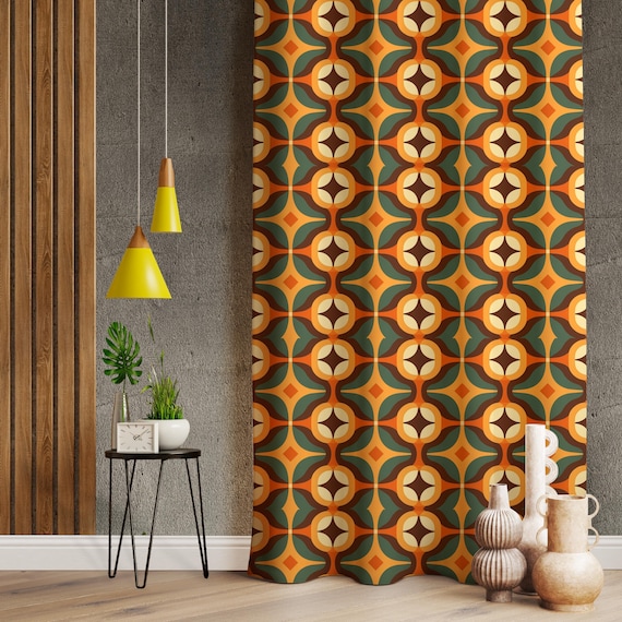 Retro Floral Curtains, Mid Century Modern (Geometric Pattern, Custom Fit)