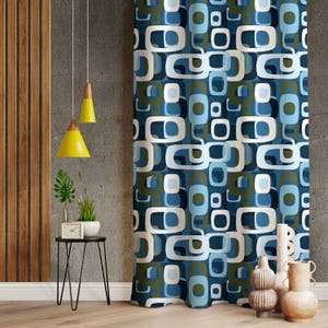 Blue Retro Curtains, Blue Curtains, Blue Retro Curtain For Dining Room Curtain, Teal Nordic Print Drapes, Teal Decorative Drapes Living Room