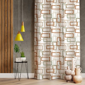 Mid Century Modern Retro Curtains : Terracotta Geometric Living Room Window Drapes