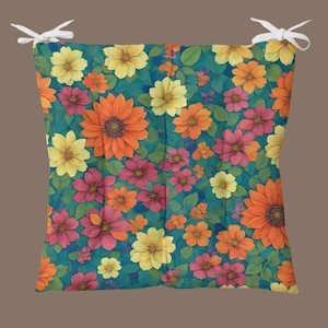 Flower Puffy Seat Cushion, Fluffy Chair Cushion, Indoor or Outdoor Chair Cushions with Ties, Flowered Chair Pad, Kitchen Stool Pad