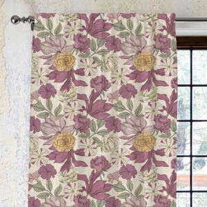 Linen Vintage Flower Curtain, Natural Cotton Floral Window Curtain, Farmhouse Style Drapes, Botanical Print Curtain