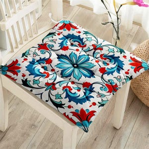 Blue Tile Outdoor or Indoor Chair Cushion, Seat Pad with Ties, Puffy Seat Cushion, Outdoor Chair Cushions