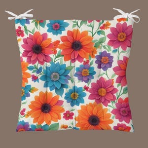 Floral Puffy Seat Cushion, Fluffy Chair Cushion, Indoor or Outdoor Chair Cushions with Ties, Flowered Chair Pad, Kitchen Stool Pad
