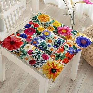 Colorful Chair Cushions, Colorful Flower Outdoor Chair Cushion with Ties, Floral Puffy Cushion, Flowered Chair Pad, Kitchen Chair Pad
