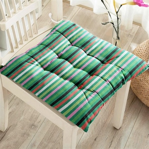 Green Horizontal Striped Outdoor Chair Cushion, Green Chair Cushions With Ties, Green Seat Pads For Outdoor, Green Chair Puffy Cushions