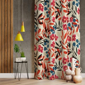 Floral Vintage Curtains, Flower Curtains, Red Leaves Patterned Elegant Living Room Curtain, Colorful Drapes, Floral Blackout Drapes Vintage