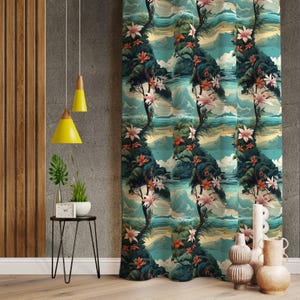 Beach Patterned Coastal Decor Curtains, Palm Tree Themed Curtains Home, Beach Themed Curtain, Sea Decor Curtain For Summer House