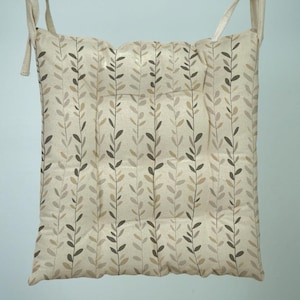 Linen Chair Pad, Cotton Seat Cushion, Leaf Pattern Dining Pad, Farmhouse Kitchen Tie Cushion, Neutral Toned Chair Decor