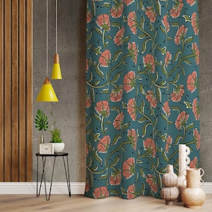 Vintage Curtains Green Tones, Elegant Floral Living Room Curtain, Vintage Colorful Drape, Flower Design Vintage Curtain