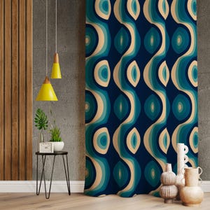 Retro Decor Home, Blue Retro Curtains, Abstract Retro Curtains For Dining Room, Teal Nordic Print Drapes, Teal Decorative Drapes