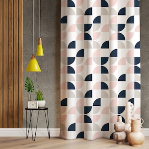 Scandi Patterned Living Room Curtains, Scandinavian Decor Home Window Curtains, Flat Shapes Patterned Decorative Curtain