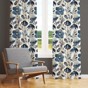 Vintage Blue Floral Curtains, Indigo Rose Pattern Drapes (Ready to Hang)