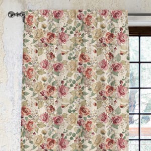 Linen Flower Curtain, Natural Cotton Panel, Vintage Floral Window Curtain, Farmhouse Style Drapes, Botanical Print Curtain