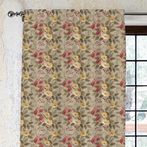 Linen Cotton Curtain Panel, Botanical Floral Drapes, Farmhouse Window Curtain, Rustic Living Room Cotton Linen Curtain