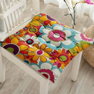 Floral Puffy Chair Pads, Flower Seat Cushion, Retro Floral Cushion, Colorful Seat Pad, Comfy Chair Pillow