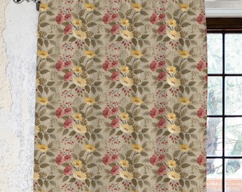 Linen Cotton Curtain Panel: Botanical Floral Design - Farmhouse Style