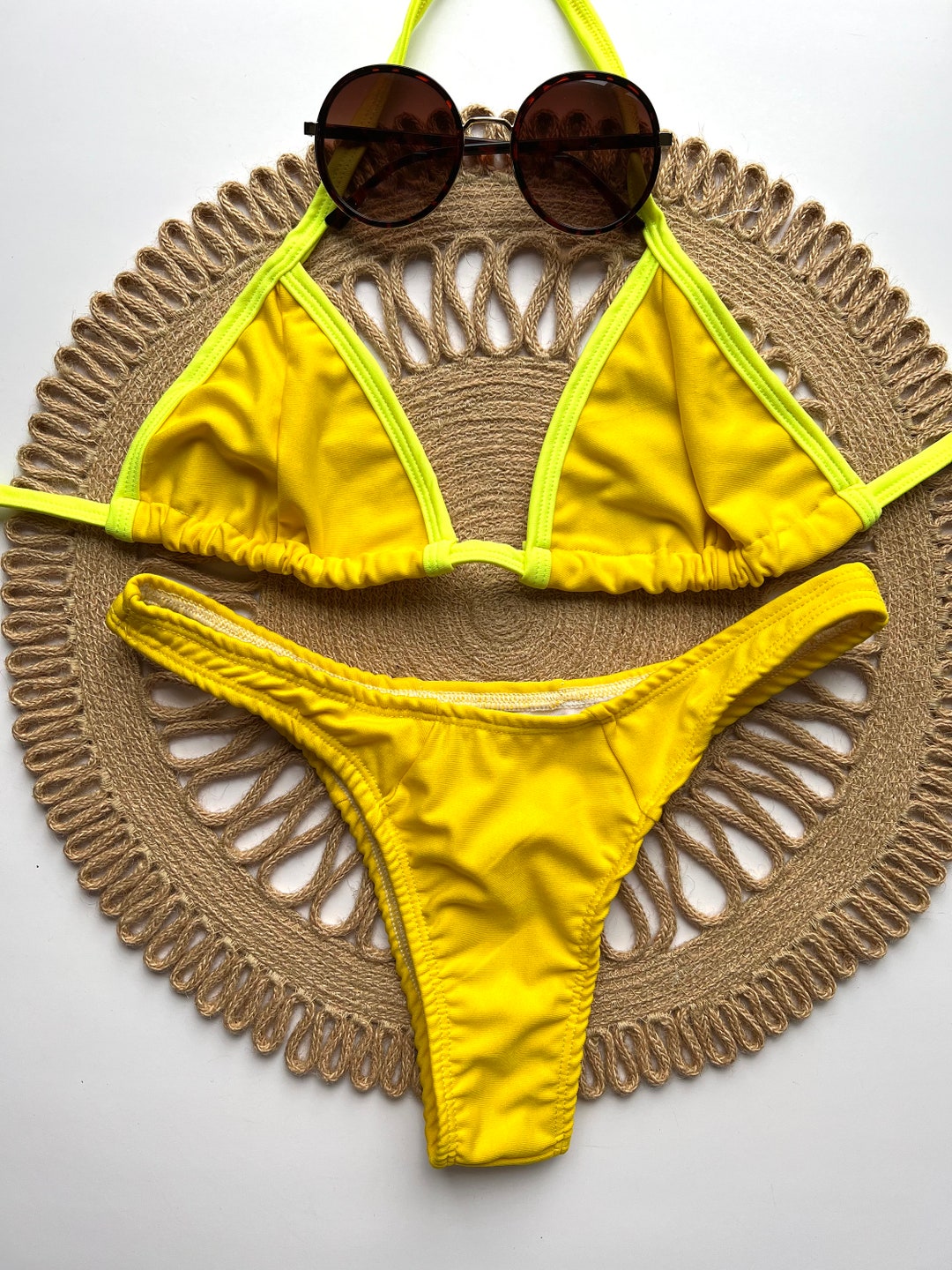 Yellow Brazilian Bikini Triangle Tie Top With Neon Trim, Cheeky ...