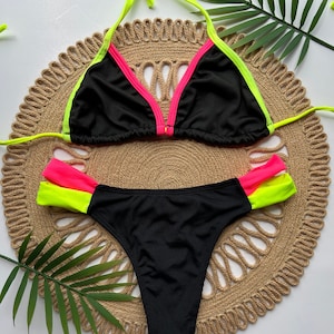 Black and Neon Brazilian Thong Bikini-  Triangle bikini with neon straps, Thong bottom with neon straps