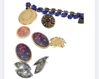 Costume Jewelry Lot 9pc - Enamel Floral Brooches & Post Earrings Boho vtg