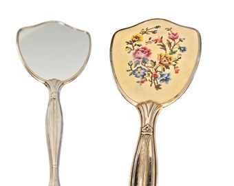 Vintage Regent Of London Hand Mirror Petit Point Floral Embroidery Silver Tone