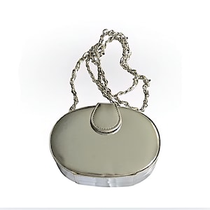 Vintage Handbag Shiny Metallic Silver Oval Mini Shoulder Purse Crossbody