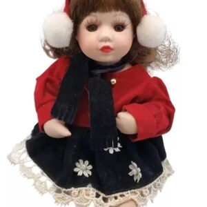 Vintage McField International Co. Doll 8&quot; Porcelain  Doll Navy Red Velvet Dress