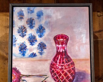 Ruby Red Cut Glass Vase still life framed original oil painting on board