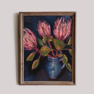 Pink Proteas in Blue Pot Wall Art Print Archival Limited Edition Botanical Wall Art Print Australian Native image 1