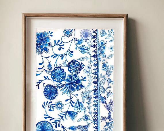Teacup Pattern Wall Art Print abstract illustration in blue ink floral botanical art decor