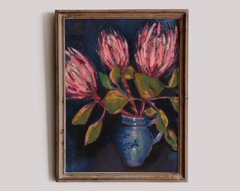 Pink Proteas im blauen Topf-Wand-Kunst-Druck- Archival Limited Edition Botanischer Wand-Kunst-Druck Australischer Ureinwohner