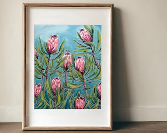 Pink Protea Print, Flower Wall Art, Australian Native, Pink Flower Decor, Botanical Native Print, Pink Protea Painting Archival Print