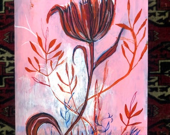 Original acrylic mixed media painting on paper Red on Pink Tulip artwork by Paula Mills Wall Art
