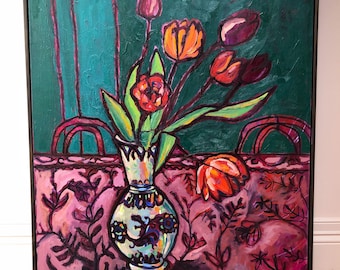 Red Tulips Original Framed Oil Painting on Canvas