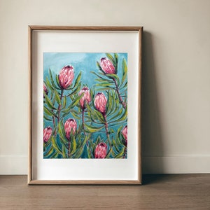 Pink Protea Print, Flower Wall Art, Australian Native, Pink Flower Decor, Botanical Native Print, Pink Protea Painting Archival Print image 1