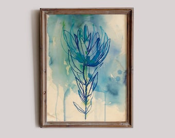 Blue Wash Protea Wall art print - botanical watercolour archival Quality Art Print Flower Decor, Botanical Print, Archival Unframed Print
