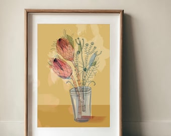 Jar of Proteas Print, Flower Wall Art, Flower Decor, Botanical Native Print, Protea Painting Archival Print