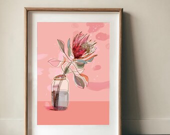 King Protea Jar, Flower Wall Art, Australian Native, Flower Decor, Botanical Native Print, Protea Painting Archival Print