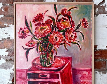 Paper Daisies On Plate framed original oil painting on canvas