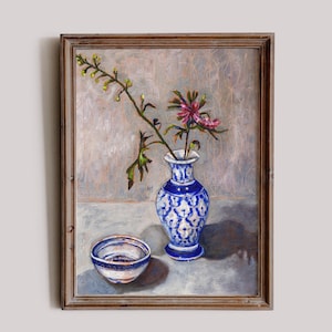 Being Still China Vase Hand-Drawn Mixed Media Floral Artwork – Wildflower Sketch, Modern Botanical Print
