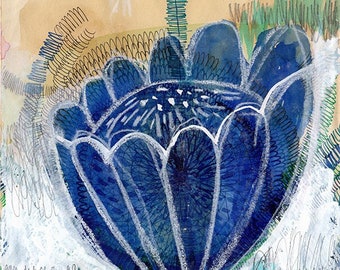 Blue Tulip No. 2  Original mixed media painting on paper by Paula Mills botanical art decor