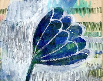 Blue Tulip No. 1  Original mixed media painting on paper by Paula Mills botanical art decor