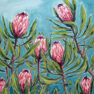 Pink Protea Print, Flower Wall Art, Australian Native, Pink Flower Decor, Botanical Native Print, Pink Protea Painting Archival Print image 2