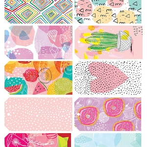 Pastell Grafiken 10 Geschenkanhänger, digitaler Download illustrative Tags, Geburtstag, Hochzeit Gastgeschenk, Junk Journal, digitale Collage, Scrapbook